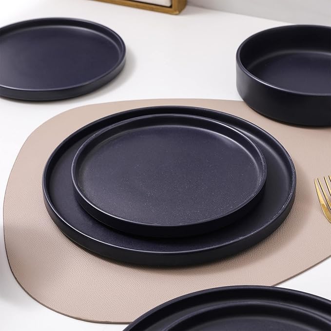 Stone Lain Cleo Stoneware 32-Piece Modern Dinnerware Set Plates and Bowls Dark Blue Service for 8 Microwave &amp Dishwasher Safe