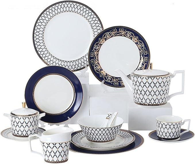 European Style Dinnerware Set Service for 2 Bone China Dinnerware Sets Unbreakable Porcelain Dinner Sets Coffee Cup and Saucer Tableware Set Steak Dinner Plates Dish Set New Blue-002