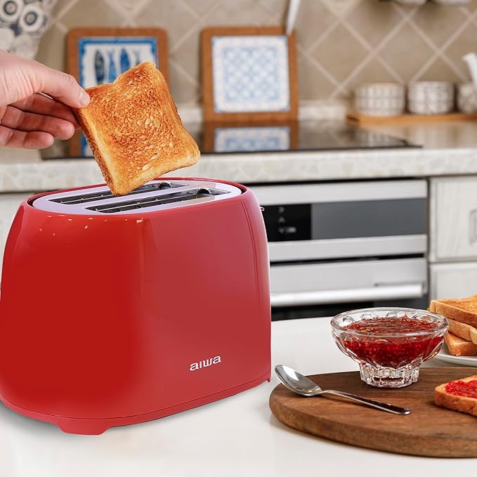 Aiwa Toaster 2 Slice Wide Slot Reheat and Defrost Function 6 Browning Settings Drop Down Crumb Tray Red