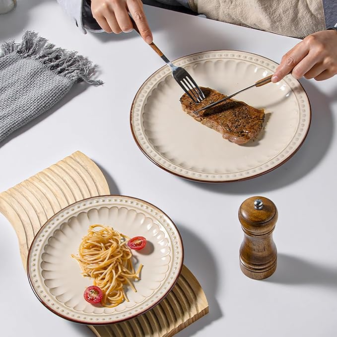 Vintage Ceramic Dinnerware Sets for 4 Farmhouse Style 20-Piece Plates and Mugs Beige Brown Rustic Embossed Stripe Design Dishwasher Microwave Safe