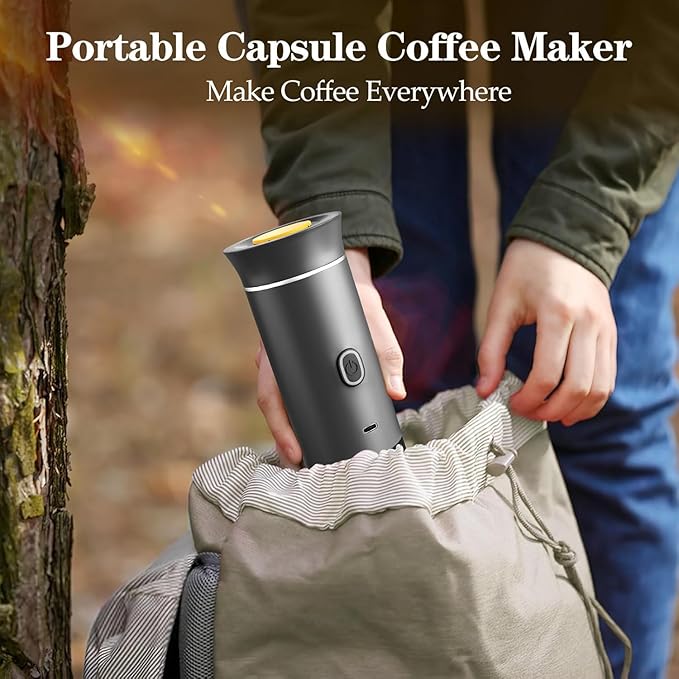 CAFFETTO - Portable 3-in-1 Coffee Maker (Capsule &amp Ground) - USB-C self-heating espresso machine - 20-bar pump pressure 7500mAh battery - One-touch operation detachable parts - Grey