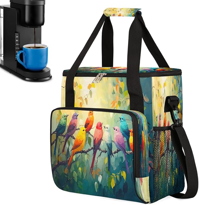 Colorful Magpie Bird Oil Painting Coffee Maker Carring Bag Travel Carrying Storage Tote Bag Compatible with Keurig K-Mini or K-Mini Plus Portable Single Serve Coffee Brewer Case with Pockets