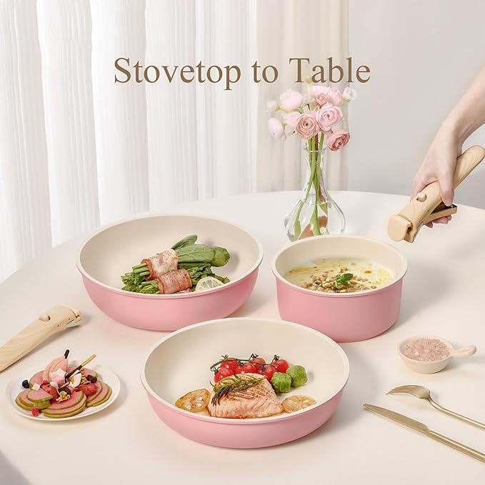 CAROTE Pots and Pans Set Nonstick Cookware Set Detachable Handle 19pcs Induction Kitchen Cookware Sets Non Stick with Removable Handle RV Cookware Set Oven Safe Pink