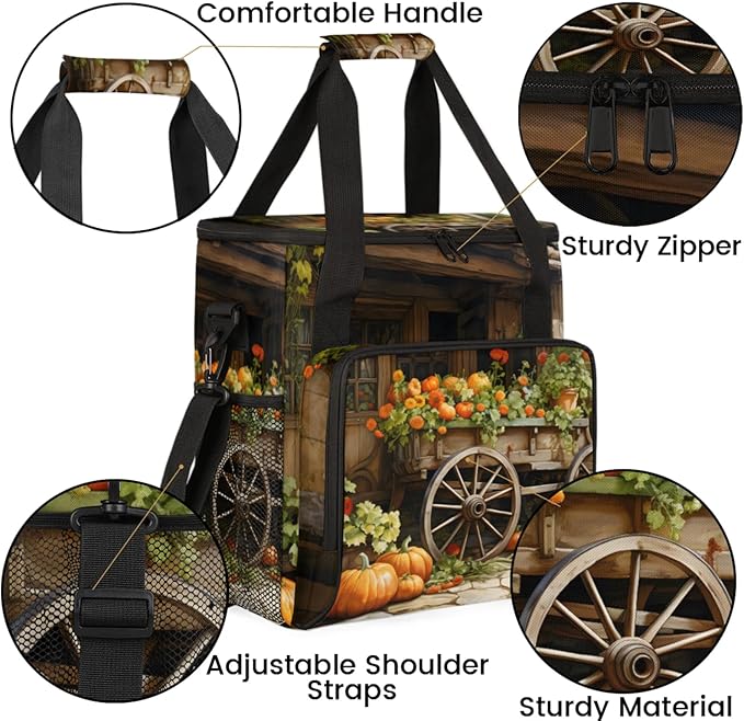 Farmhouse Pumpkin Coffee Maker Travel Bag for Keurig K-Mini/K-Mini Plus Insulated Waterproof Tote with Pockets for K-Cup Portable Single-Serve Brewer Case