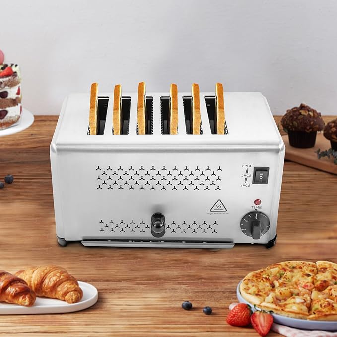 6 Slots Toaster Stainless Steel 1680W 5 Bread Shade Settings 3 Models 0.63in Wide Slot 1-5 Minute Timing Commercial Pop-Up Electric Toaster for Restaurant Home
