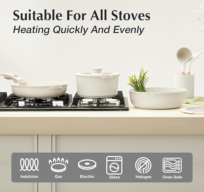 KOCH SYSTEME CS 17 PCS Pots and Pans Set Nonstick Cookware Set Detachable Handle Induction Kitchen Cookware Sets Non Stick with Removable Handle RV cookware set White
