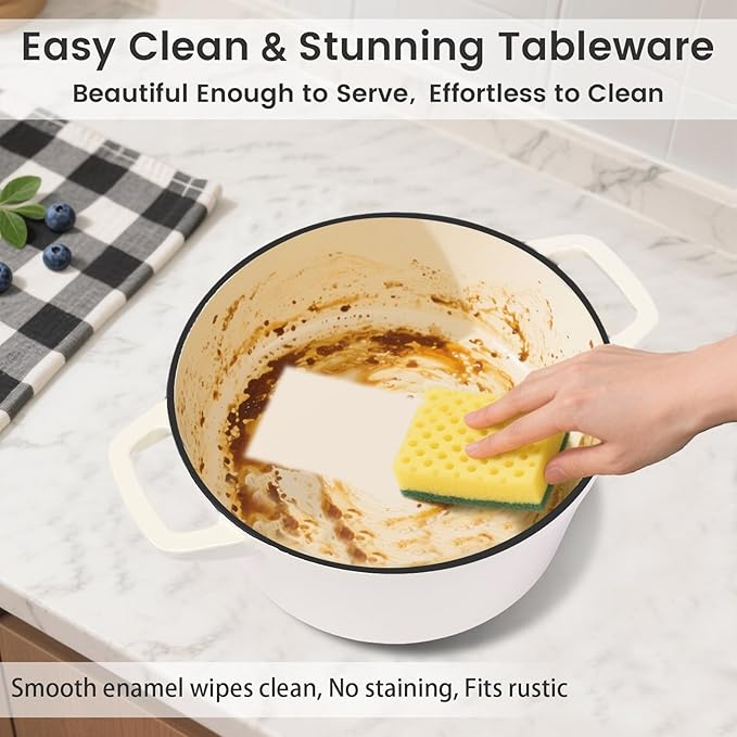 Hisencn Stackable Enamel Cookware Set 5-Piece – 5.2QT Pot with Lid 10-in Skillet 4QT Frying Pan with Universal Glass Lid Space-Saving Design Oven and Stovetop Safe (Up to 500°F) Cream White