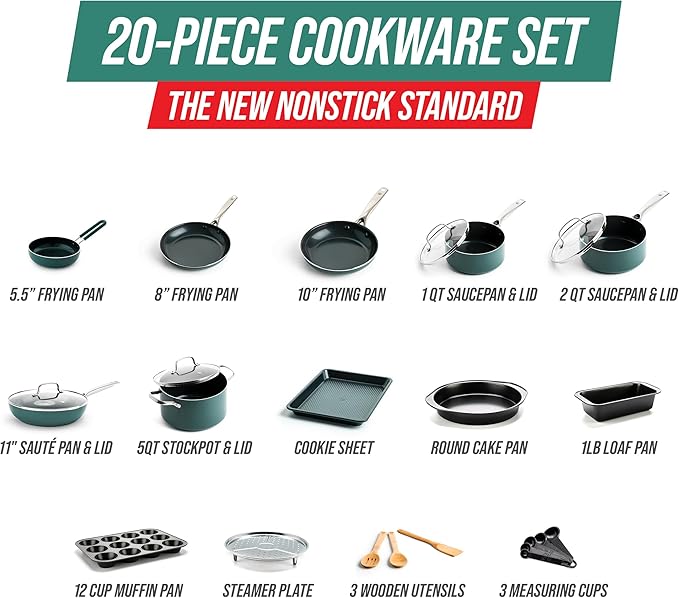 Blue Diamond 20 Piece Cookware and Bakeware Set Diamond Infused PFAS-Free Ceramic Nonstick Pots and Pans Durable Nontoxic Metal Utensil Safe &amp Scratch Resistant Dishwasher &amp Oven Safe Gree