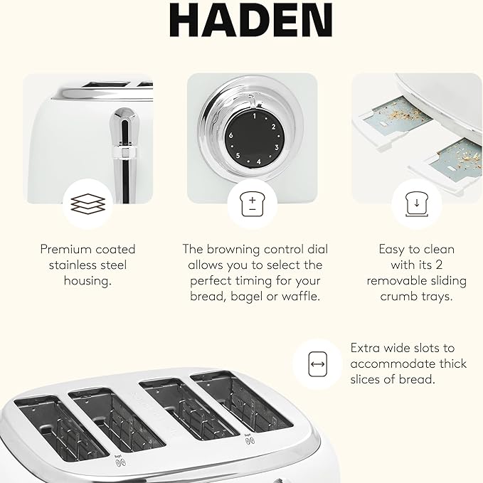 Haden Heritage 4 Slice Wide Slot Stainless Steel Toaster Bundled with 12 Cup Programmable Drip Coffee Maker Coffee Machine Ivory &amp Chrome