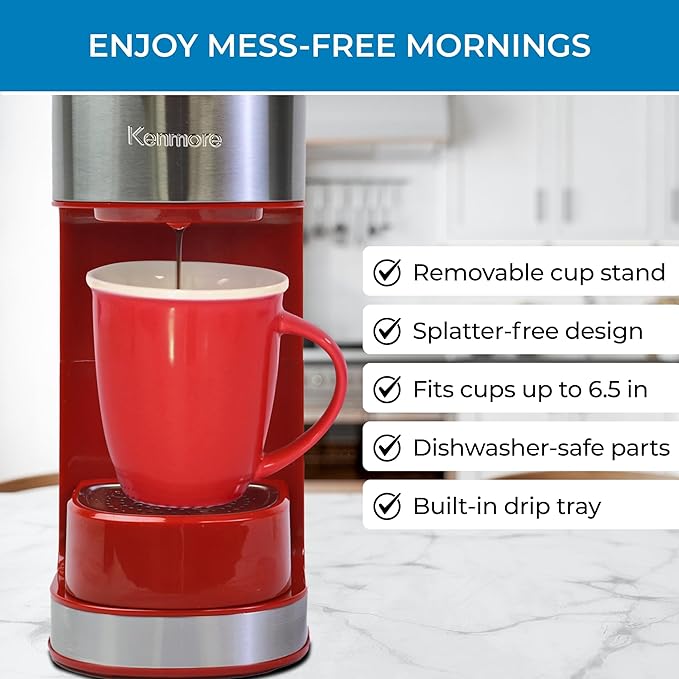 Kenmore Single Serve Coffee Maker – 6–14 Oz Brew Sizes Compatible with Keurig K‑Cup Pods &amp Ground Coffee One Cup Brewer Travel Mug Friendly Auto Shut‑Off Hot &amp Iced maquina de cafe Red