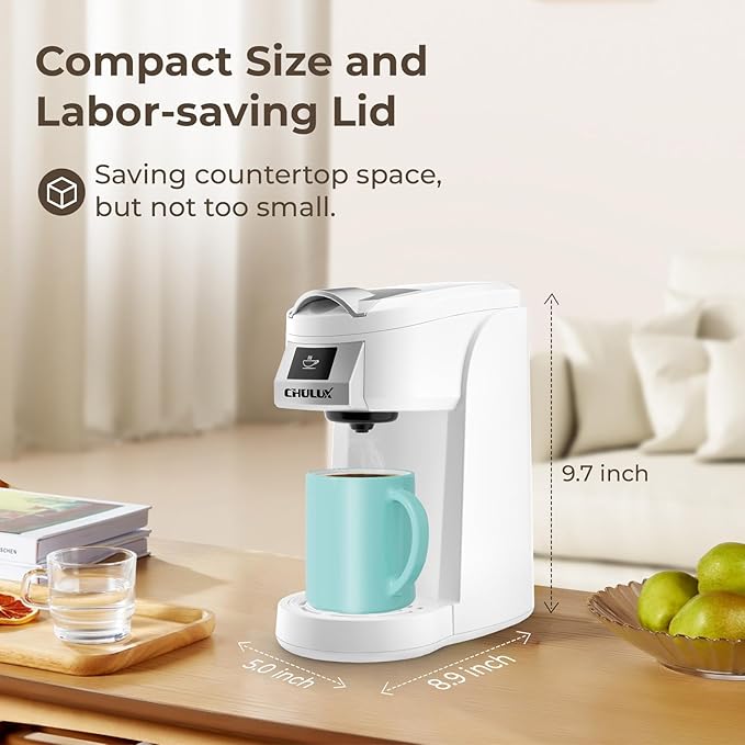 CHULUX Classic Single Serve Coffee Maker for K Cup One Button Easy Coffee Machine for Office RV Travel and Dorm White