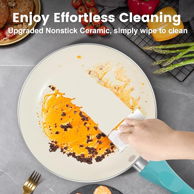Pots and Pans Set Nonstick 11pcs Kitchen Cookware Sets Induction Cookware Ceramic Non Stick Cooking Set Stay Cool Handle &amp Bamboo Kitchen Utensils 100% PFOA Free Turquoise