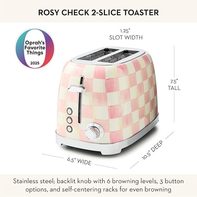 MACKENZIE-CHILDS 2-Slice Toaster Decorative Toaster for Kitchen Pink-and-White Rosy Check