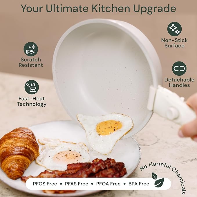 15-Piece White Granite Nonstick Cookware Set – Detachable Handles &amp Tempered Glass Lids – Stackable &amp Cool-Touch - Induction &amp Oven Safe to 480°F - Scratch-Resistant PFOA &amp PFOS-Free