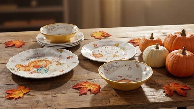 UPware 12 Piece Pumpkin Season Melamine Dinnerware Sets Outdoor Dishes Set Plates and Bowls Sets Autumn Thanksgiving Decorations Service for 4 Orange