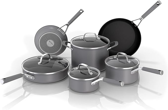 Ninja NeverStick Professional Hard-Anodized 10 Piece Pots &amp Pans Set Nonstick Cookware Set Durable Oven Safe to 500°F Slate Grey C39500