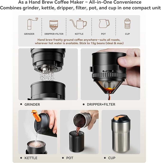 Portable Pour Over Coffee Maker Rechargeable Electric Grinder with Stainless Steel Conical Burr Integrated Hand Brew Kit with Stainless Steel Filter Dripper &amp Travel Mugs for Camping Outdoors