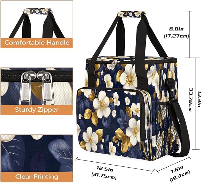 White Flowers Golden Leaves Coffee Maker Carring Bag Travel Carrying Storage Tote Bag Compatible with Keurig K-Mini or K-Mini Plus Portable Single Serve Coffee Brewer Case with Pockets for K-cup Pods