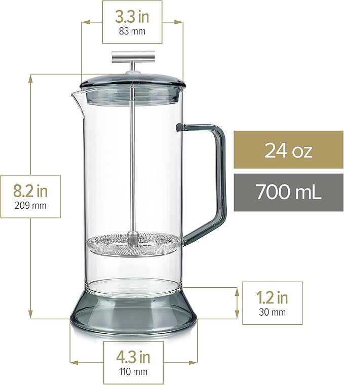 Teabloom Toulouse Borosilicate Glass Tea Press and Coffee Maker with No Plastic 24-Ounce (700 mL) - Dusk Grey