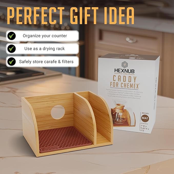 HEXNUB Bamboo Caddy for Pour Over Coffee Maker Fits Chemex Bodum Cosori Heatproof Mat Filter Holder