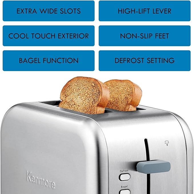 Kenmore toaster 2 slice - large wide slot fast commercial countertop big toasted toasters with space saving stainless steel for bread bagel Waffles retro quick clear pop up tostadora de pan