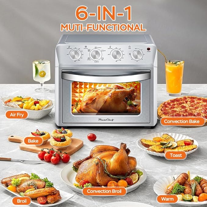 Air Fryer Oven 27.5QT 6-in-1 Countertop Oven Air Fry Bake Broil Toast Warm Dehydrate 4 Knob Control 1600W Family Size Silver