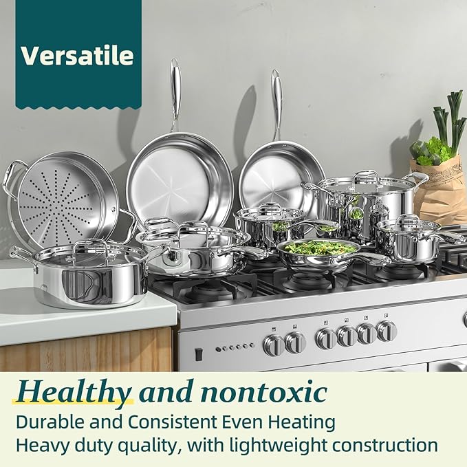 Umite Chef Stainless Steel Cookware Set 5 Ply 14 Piece Stainless Steel Pot and Pan Set-Induction Heavy Chef Quality Oven Safe | Professional Kitchen Cooking Appliances PFOA PTFE &amp PFOS Free