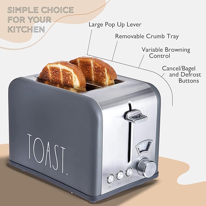 Rae Dunn Toaster Stainless Steel 2 Slice Square Toaster Wide Slot with 5 Browning Levels with Bagel Defrost and Cancel Options (Grey)