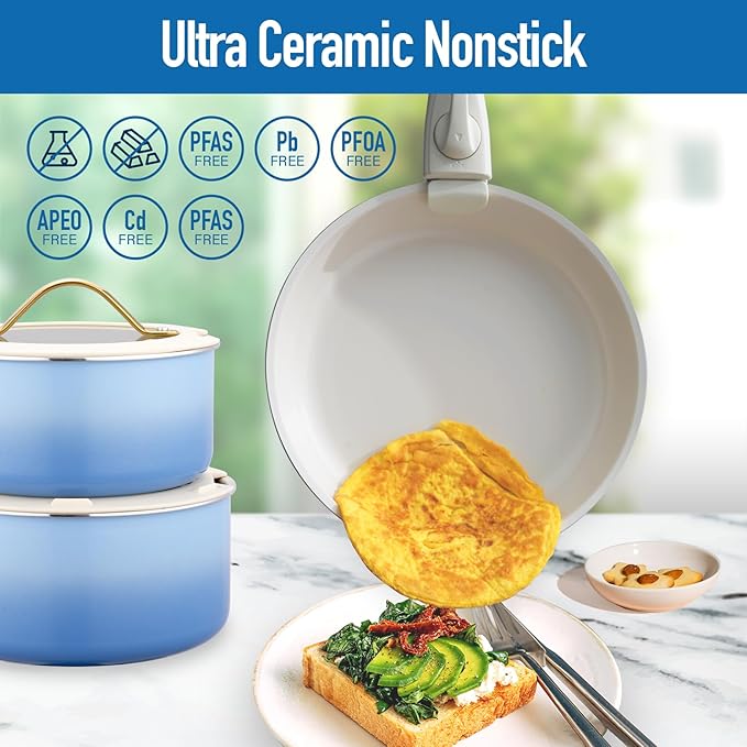 20pcs Ceramic Cookware Set Nonstick Detachable Handle Pots and Pans Set Non ToxicNo PFAS &amp PTFE &amp PFOA Dishwasher/Oven Safe RV Kitchen Set Removable Handle for Cooking Blue