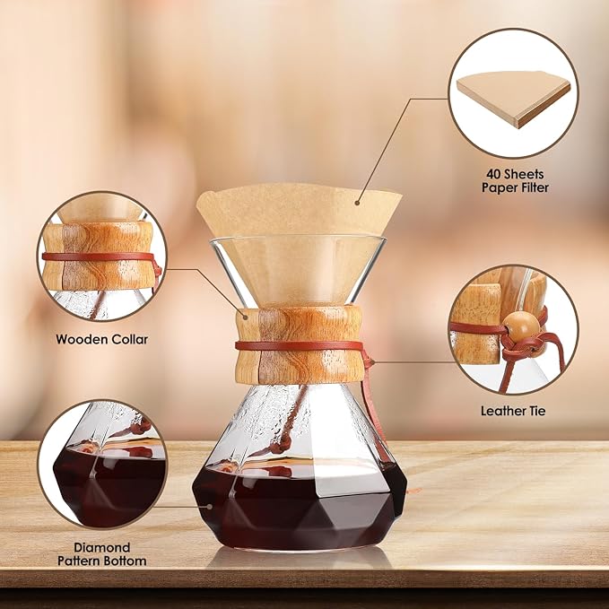 Puricon Pour Over Coffee Maker 15 oz with 40 Paper Filters Glass Coffee Dripper Holds 1 to 2 Cups Carafe Brewer for Home/Cafe Restaurant