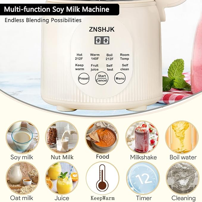 8-in-1 Nut Milk Maker 40oz Automatic Soy Almond &amp Oat Milk Machine for Homemade Plant-Based Drinks with delay start keep warm boil water &amp self-cleaning functions