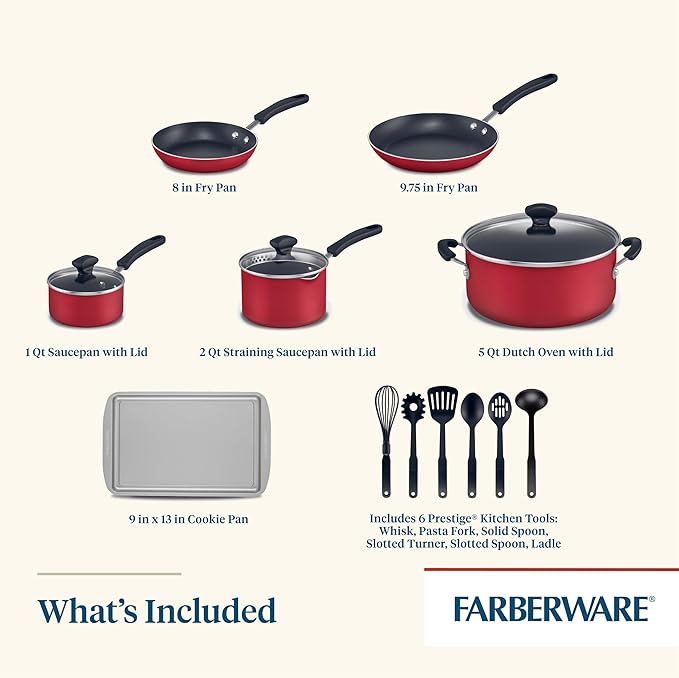Farberware Cookstart DiamondMax Nonstick Cookware/Pots and Pans Set Dishwasher Safe Includes Baking Pan and Cooking Tools 15 Piece - Red