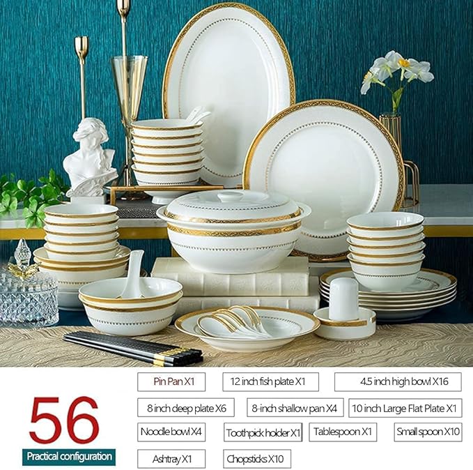 Dinnerware Set Luxury Family Dinner Service Set 30/56/60Pcs Ceramic Dinnerware Set Bone China Tableware Dishes Plates Ceramic Combination Dinner Service Set Porcelaine S