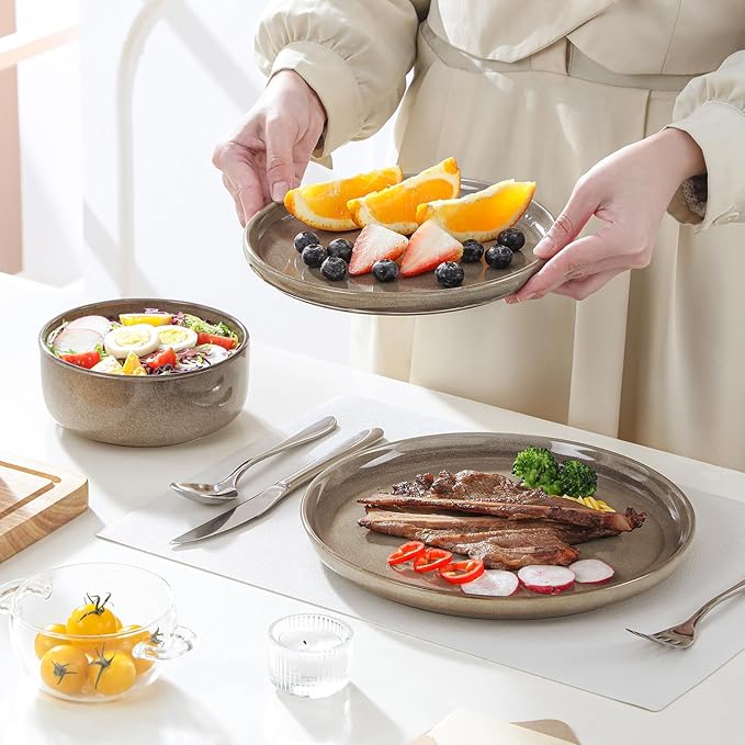 vancasso PLAYA Plates and Bowls Sets 24 Pieces Dark Brown Dinnerware Sets for Kitchen Reactive Glaze Dishes Set for 8 Dishwasher and Microwave Safe