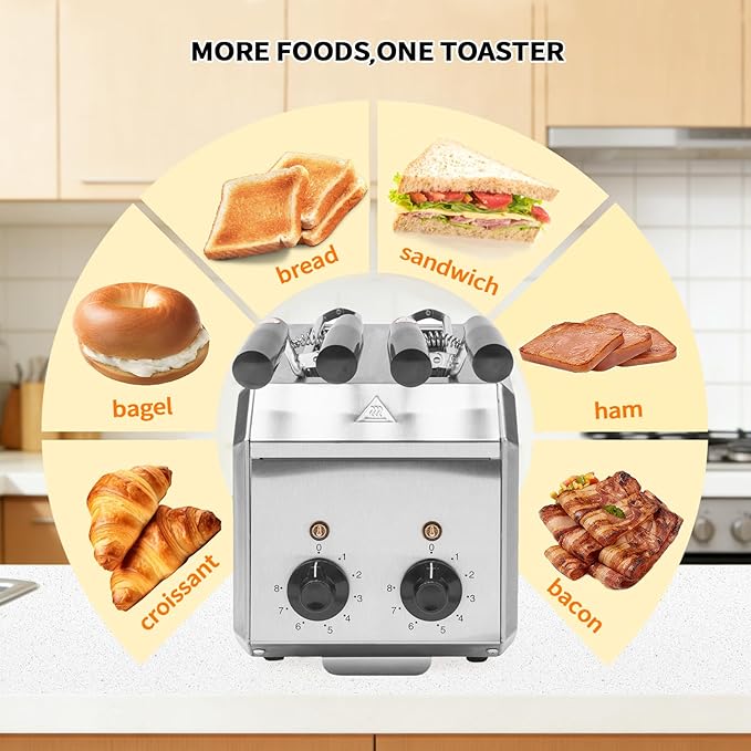 2 Slice ToasterStainless Steel Toaster with 2 Slice Wide Slot 600W per Slot for Energy Efficiency with SUS 304 Tongs 8 Minutes Timer Removable Crumb Tray For Home and Commercial Use