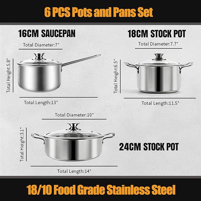 Aufranc Stainless Steel pots and pans set 6 Piece Nonstick Kitchen Induction Cookware SetWorks with Induction/Electric and Gas Cooktops Nonstick Dishwasher