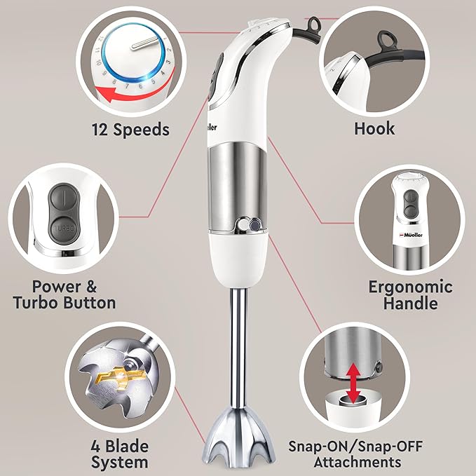 Mueller Multistick 800W 5-in-1 Immersion Blender Handheld 12 Speed Hand Mixer - Turbo Boost Heaviest Duty Copper Motor Titanium Blades Blenders for Kitchen Milk Frother Wand Whisk White