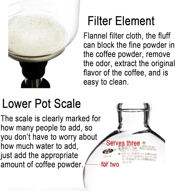 Syphon Coffee Maker Tabletop Glass Siphon Pot Syphon Coffee Maker Siphon Vacuum Coffee Maker Complete Accessories for Home and Office (Serves 3 People)