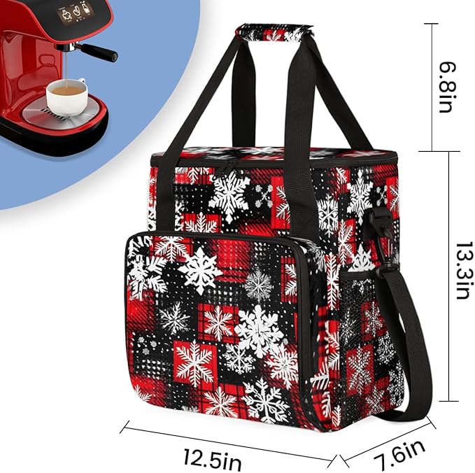 Xmas Snowflakes Coffee Maker Carrying Bag Christmas Snowflakes Travel Storage Bag Compatible with K-Mini or K-Mini Plus Single Serve Coffee Brewer Carrying Case with Pockets &amp Shoulder Strap