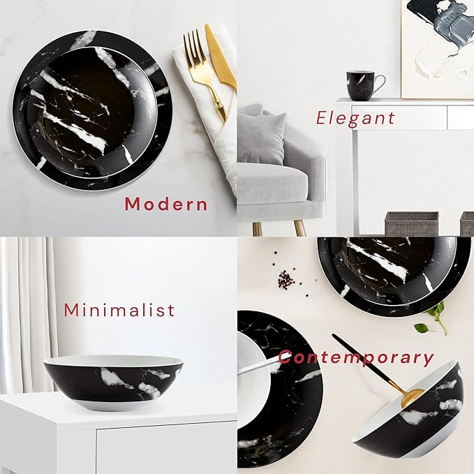 Safdie &amp Co. - Black Marble 16-Piece Dinnerware Set Porcelain Modern Dishwasher Safe