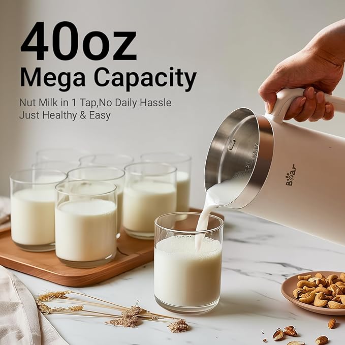 Bear 8 in 1 Nut Milk Maker Machine 40oz/1.2L Soy Milk Maker with Self Clean/12H Delay/6H Keep Warm One Touch Almond Milk Maker for Homemade Oat Soup Juice Plant Based and Non Dairy Beverages