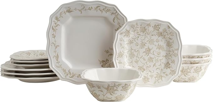 222 Fifth 12-Piece Porcelain Dinnerware Set for 4 Glossy Cream Plates and Bowls Set with Taupe Flowers Elegant Square Ceramic Dish Set Kitchen Tableware Microwave &amp Dishwasher Safe Batik Toil
