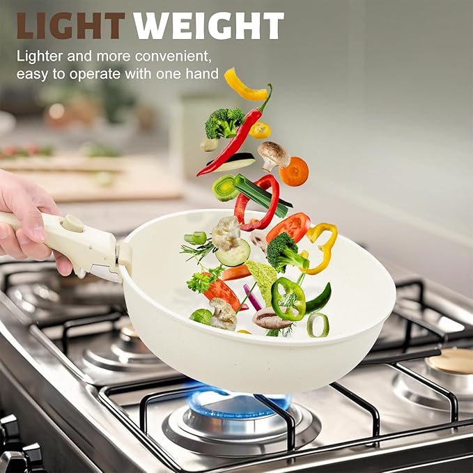 Numola 10 pcs Pots and Pan Set Non Stick with Detachable Handle Ceramic Cookware Set for Stackable Induction Kitchen Cookware Set for RV Dishwasher ＆ Oven Safe Cream White