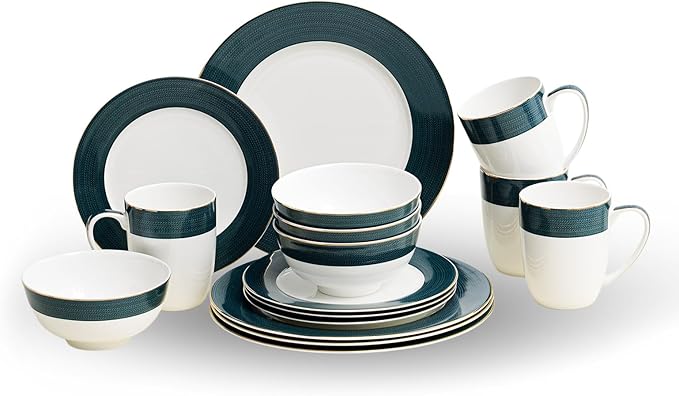 16-Piece Fine Bone China Dinnerware Set Dinner PlatesBowls and Mugs Set Dishware Set for 4 With Selected Christmas Premium Red and Green pattern White Embossed Spot Ornament and Gold Rim