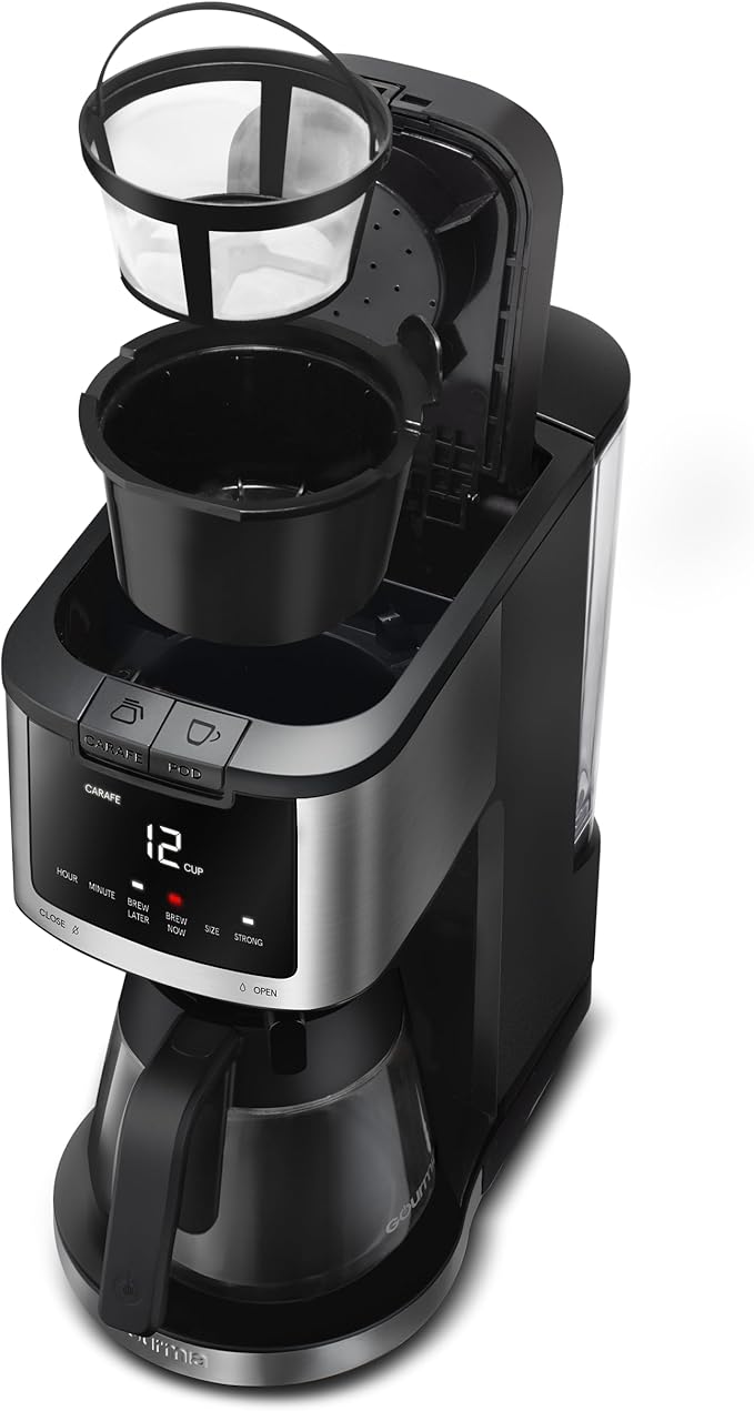 Gourmia 2-in-1 Single Serve Pod + 12-Cup Coffee Maker with Adjustable Up To 4-Hour Keep Warm