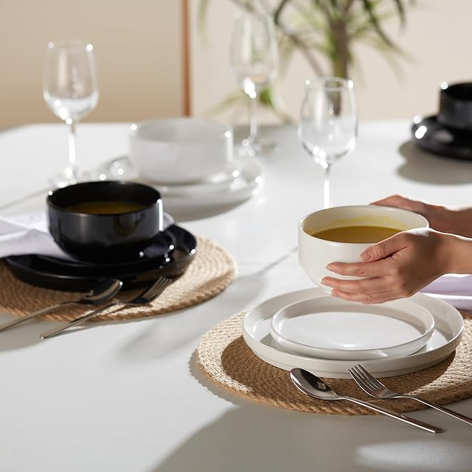Ceramic Dinnerware Set 12-Piece Service for 4 Soup Bowls (31.5 oz) Salad Plates (7.5) Dinner Plates (10.5) Round Microwave and Dishwasher Safe White Cambridge Classics