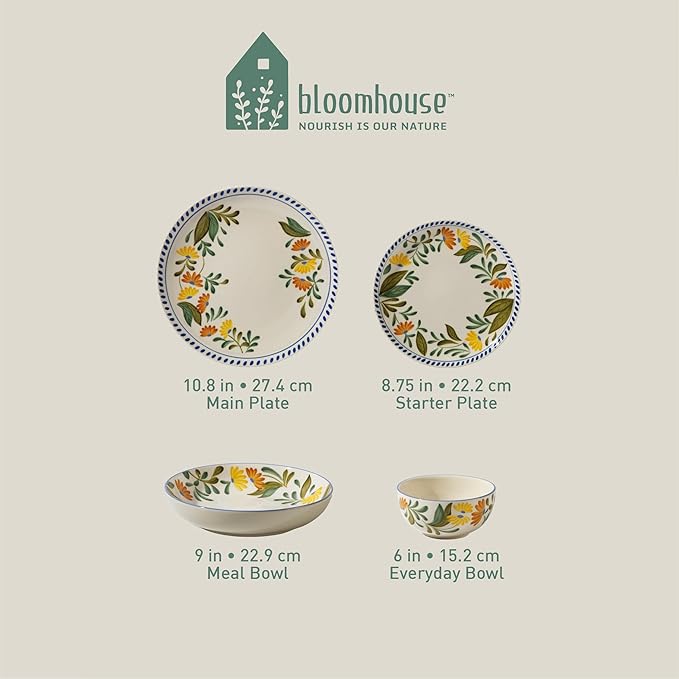 Bloomhouse - Two Time Oprah's Favorite Things Winner - Posy Blossom Double Bowl Hand Painted Stoneware Plates and Bowls Floral Dinnerware Set Service for Four (16pcs)