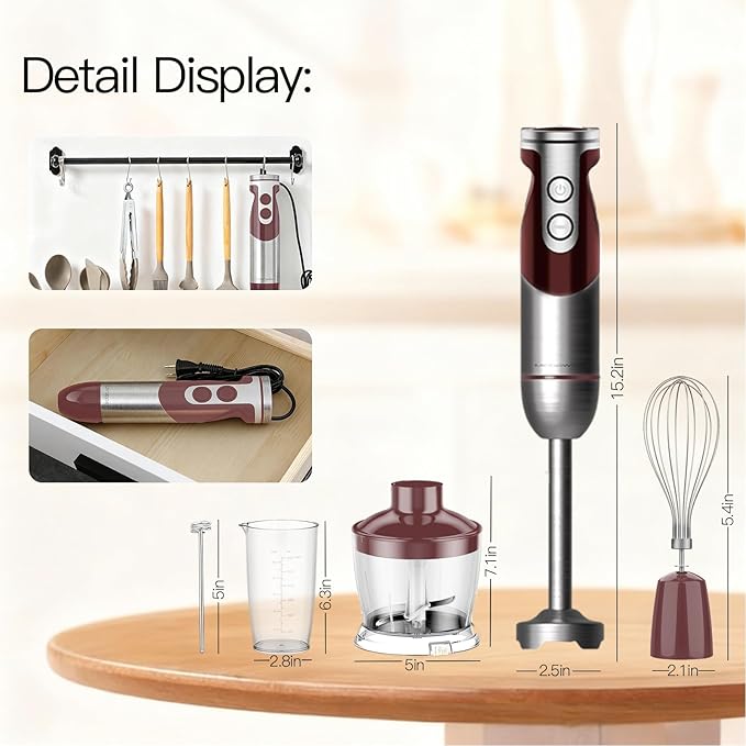 MegaWise Pro Titanium Reinforced 5-in-1 Immersion Hand Blender Powerful Motor with 80% Sharper Blades 12-Speed Corded Blender Including 500ml Chopper 600ml Beaker Whisk and Milk Frother (Red)