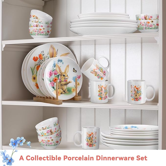 Zhehao 16 Pcs Easter Bunny Dinnerware Set Ceramics Rabbit Dishware Include 10 Inch Dinner Plate 7 Inch Salad Plate 5 Cereal Bowl 16 oz Coffee Mug for Holiday Dinner Party Service for 4