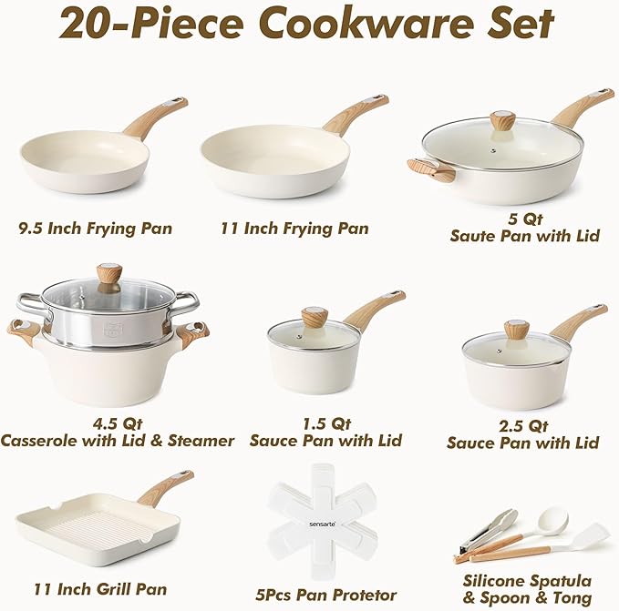 SENSARTE Ceramic Cookware Sets Pots and Pans Set Nonstick 20-Piece Induction Cookware Non-toxic Healthy Non Stick Kitchen Cooking Set with Stay-Cool Handles PFAS PTFE PFOA PFOS Free